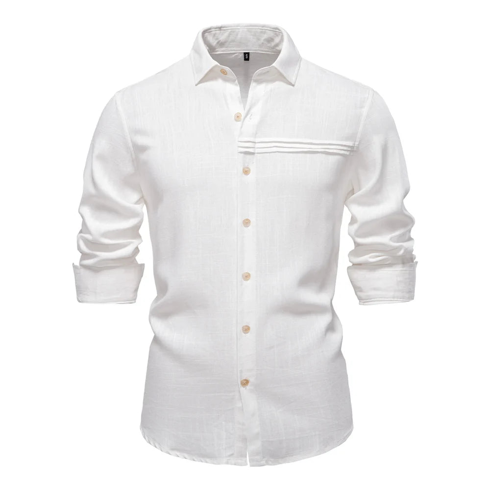 2025 New Design Men's Solid Color Linen Long Sleeve Shirt - Casual Button-Down Collar Shirt for Men