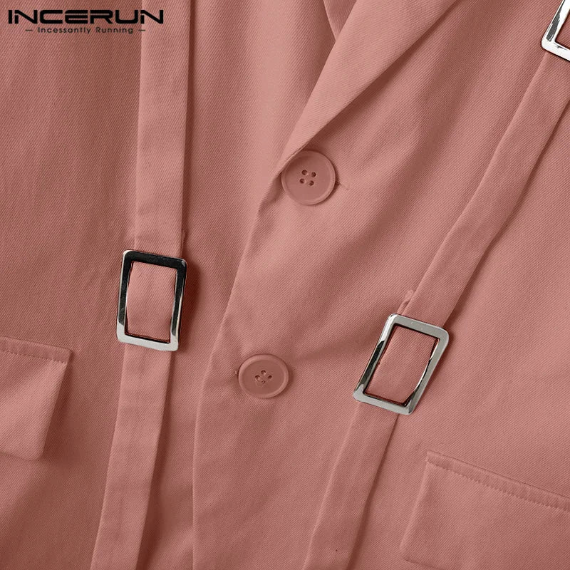 INCERUN Tops 2025 American Style Fashion Men Hollow Button Design Suit Coat Casual Streetwear Solid Long Sleeved Lace Up Blazers