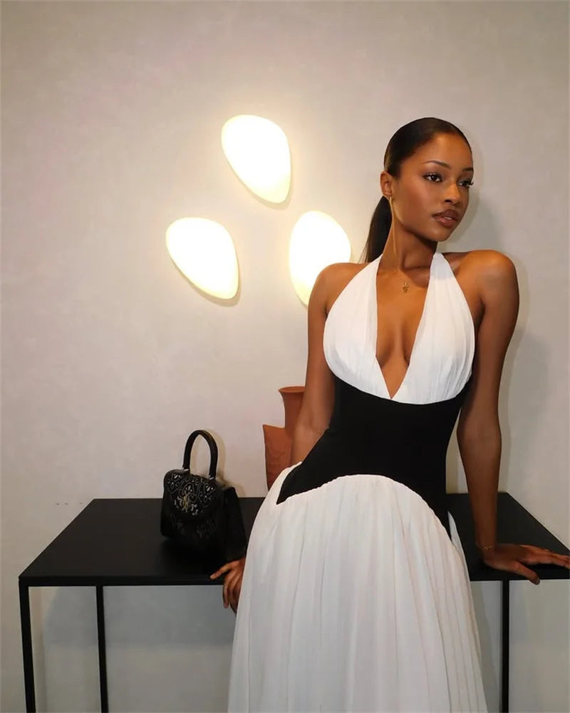 Mozision Halter Deep V Neck Backless Sexy Maxi Dress Women Gown Fashion Patchwork Sleeveless High Waist Club Party Long Dress