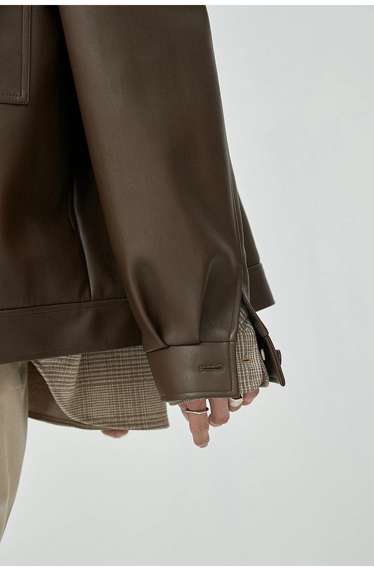 Mauroicardi Spring Autumn Short Oversized Brown Black Soft Faux Leather Jackets for Men Pockets Long Sleeve Korean Fashion 2022