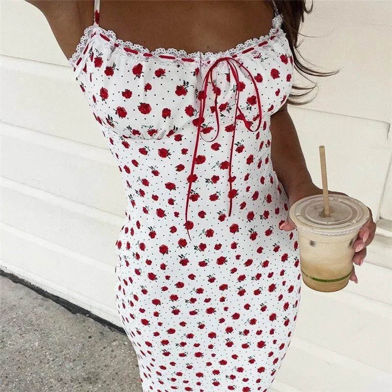 Tuularose Lace Printed Long Dress Women's Summer Sleeveless Spaghetti Strap Patchwork Long Fashion Sexy Slim 2025 Party Dresses
