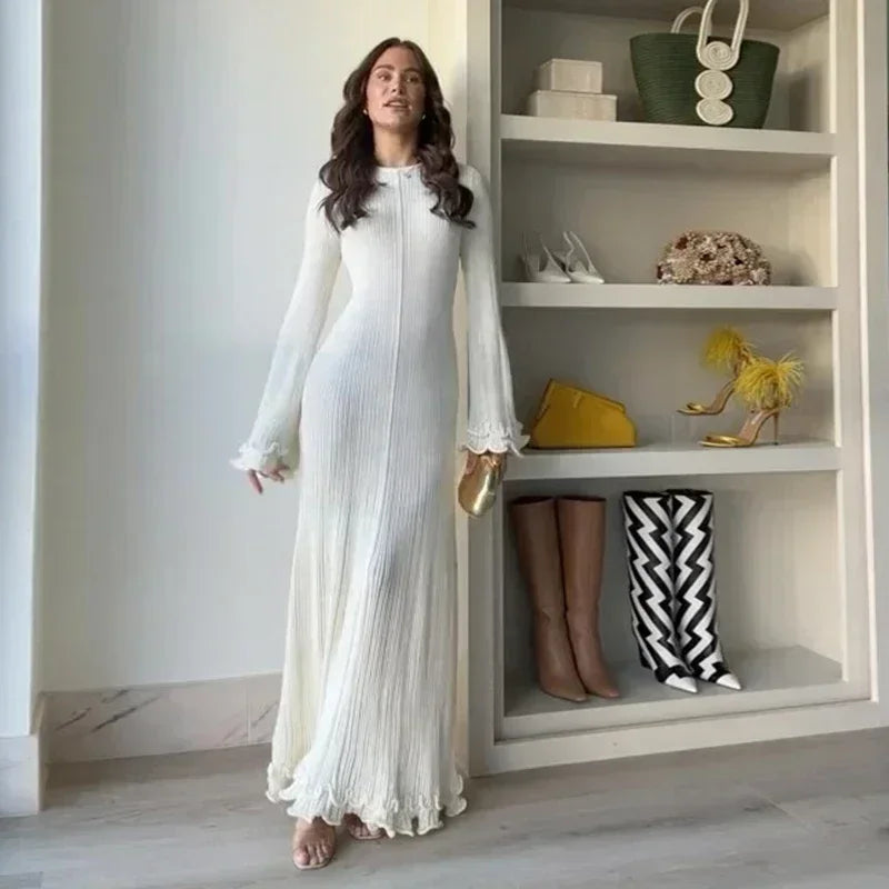 Fashion Ruffled Hem Knitted Long Dress Women Sexy O Neck Flare Long Sleeve Backless Lace Up Slim Dresses Female Vacation Robes