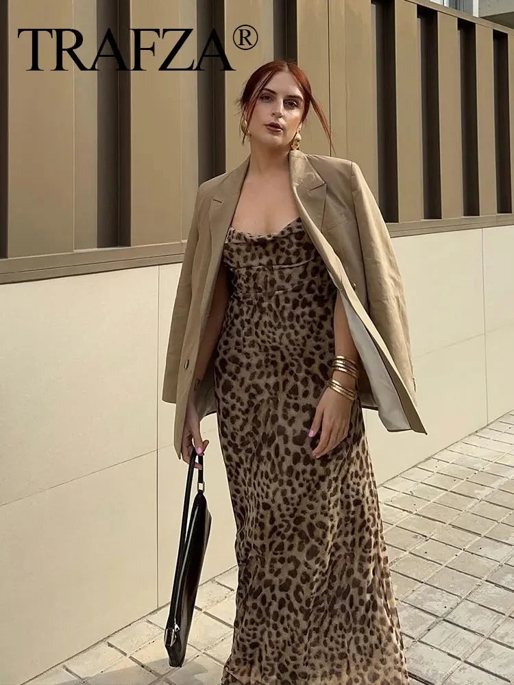 TRAFZA Summer Women's Fashion Leopard Print Tulle Long Dress Sexy Sleeveless Backless Slip Dress Female Elegant Maxi Party Dress