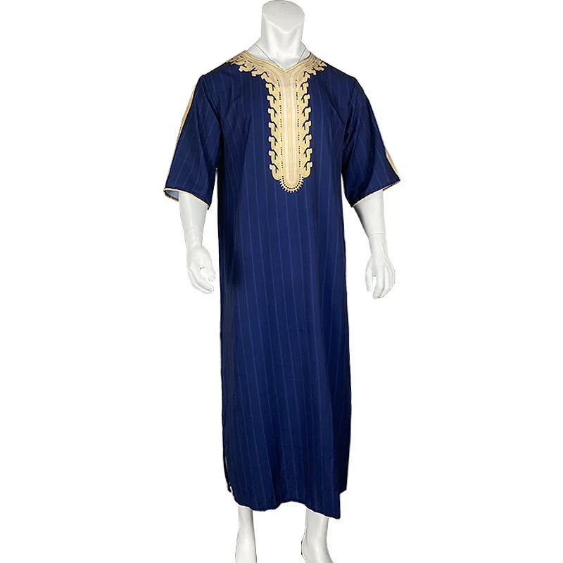 Men Muslim Summer Fashion Loose Robe Islam Kaftan Men Clothing Dubai Luxury Muslim Abaya Muslim V-neck Short Sleeve Printing