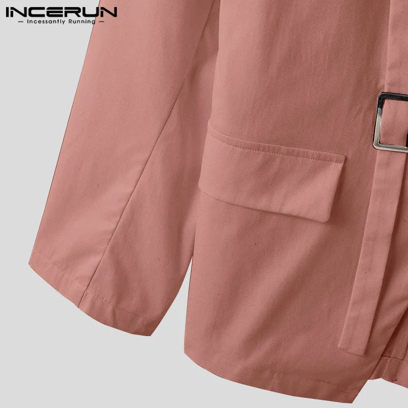 INCERUN Tops 2025 American Style Fashion Men Hollow Button Design Suit Coat Casual Streetwear Solid Long Sleeved Lace Up Blazers