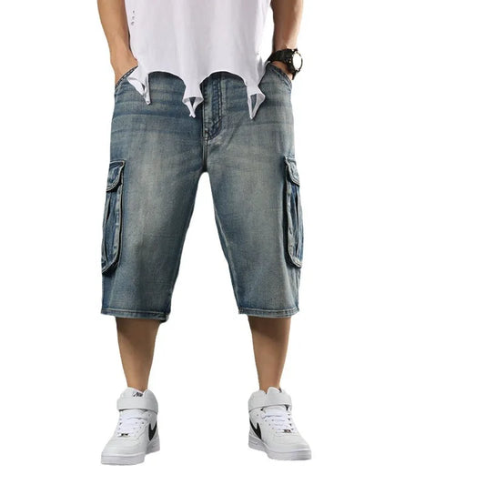 2025 new European and American multi pocket workwear seven quarter denim shorts for men with wide legs and loose denimt