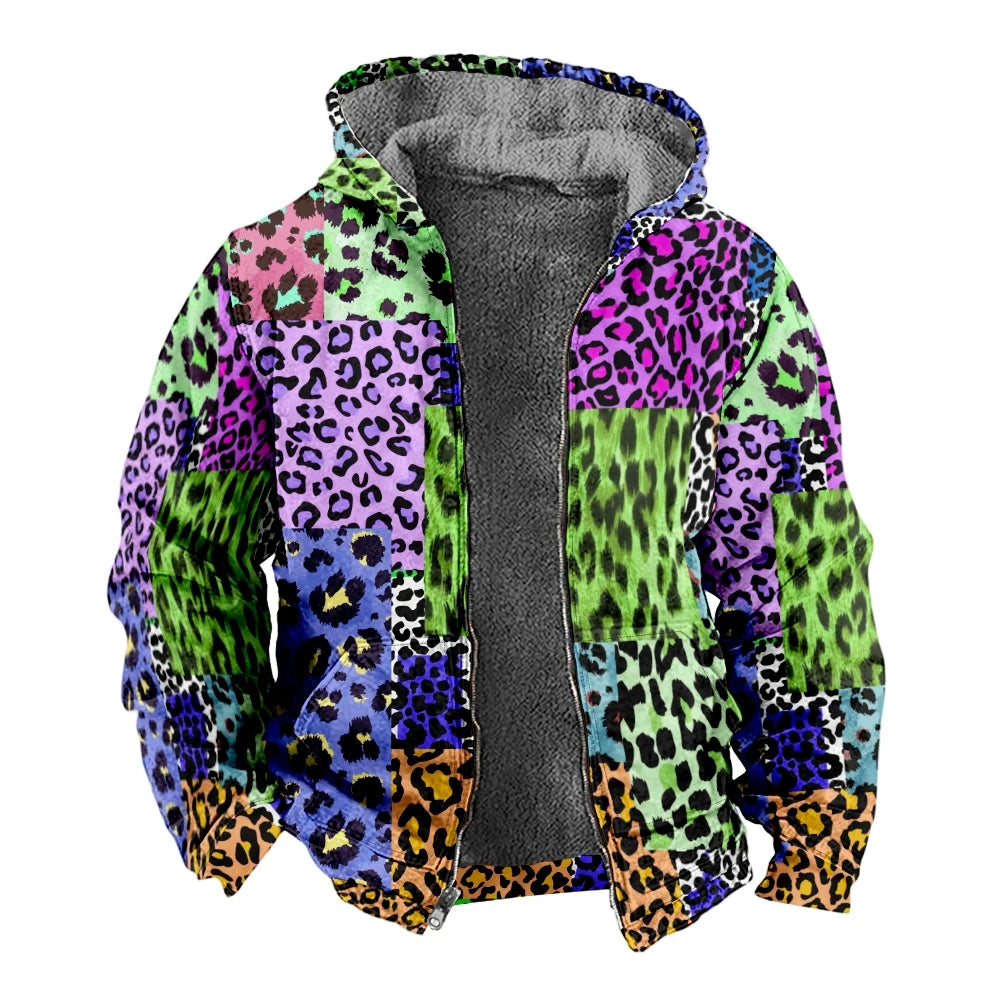 Autumn Winter Fleece Zip Up Hoodies Original Leopard Patchwork Digital Print Men Parka Coat Jackets Outerwear Sweatshirts Street