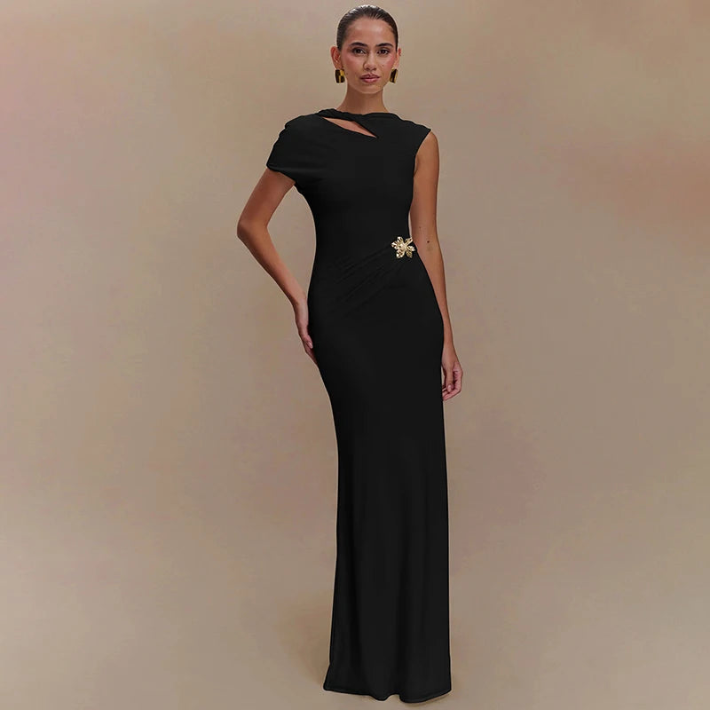 Mozision Hollow Out Backless Sexy Maxi Dress For Women Fashion Metal Buckle Solid Short Sleeve High Waist Slim Fit Long Dress