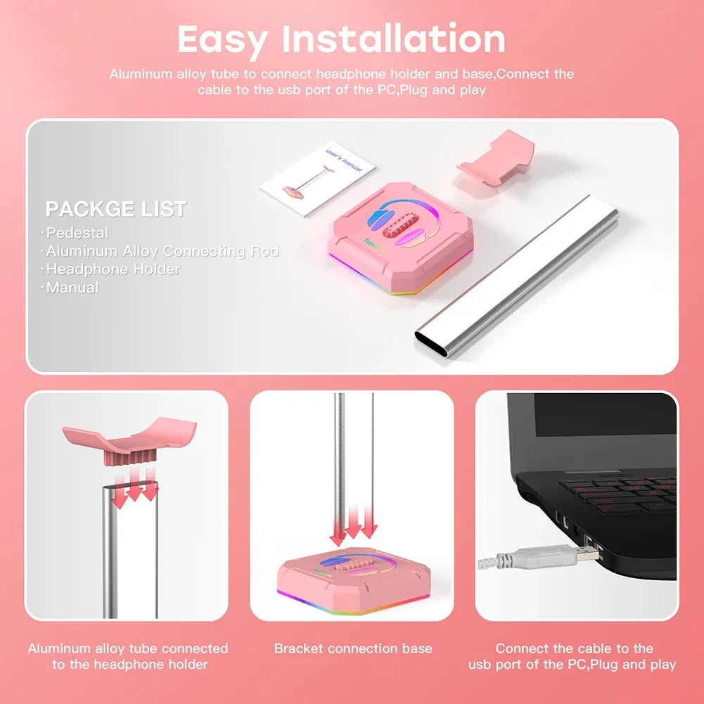 Aluminum Alloy Gaming Headphone Stand Space Saving Desktop Organizer Vertical Bracket RGB Backlight Headset Holder Display Rack