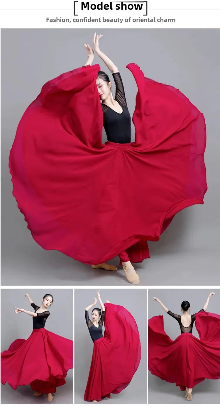 720 Degree Wide Dancing Skirt Chiffon Double Layer Semi-Long Dress Women's Solid Color Xinjiang Dance Skirt
