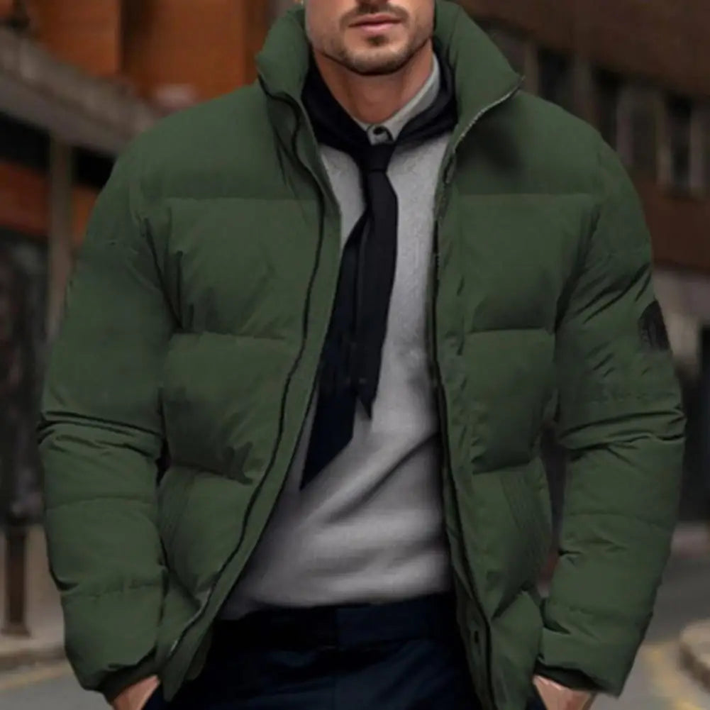 Men Quilted Jacket Solid Color Stand Collar Long Sleeve Zipper Closure Cotton Coat Thickened Jacket Down Cotton Puffer Outwear