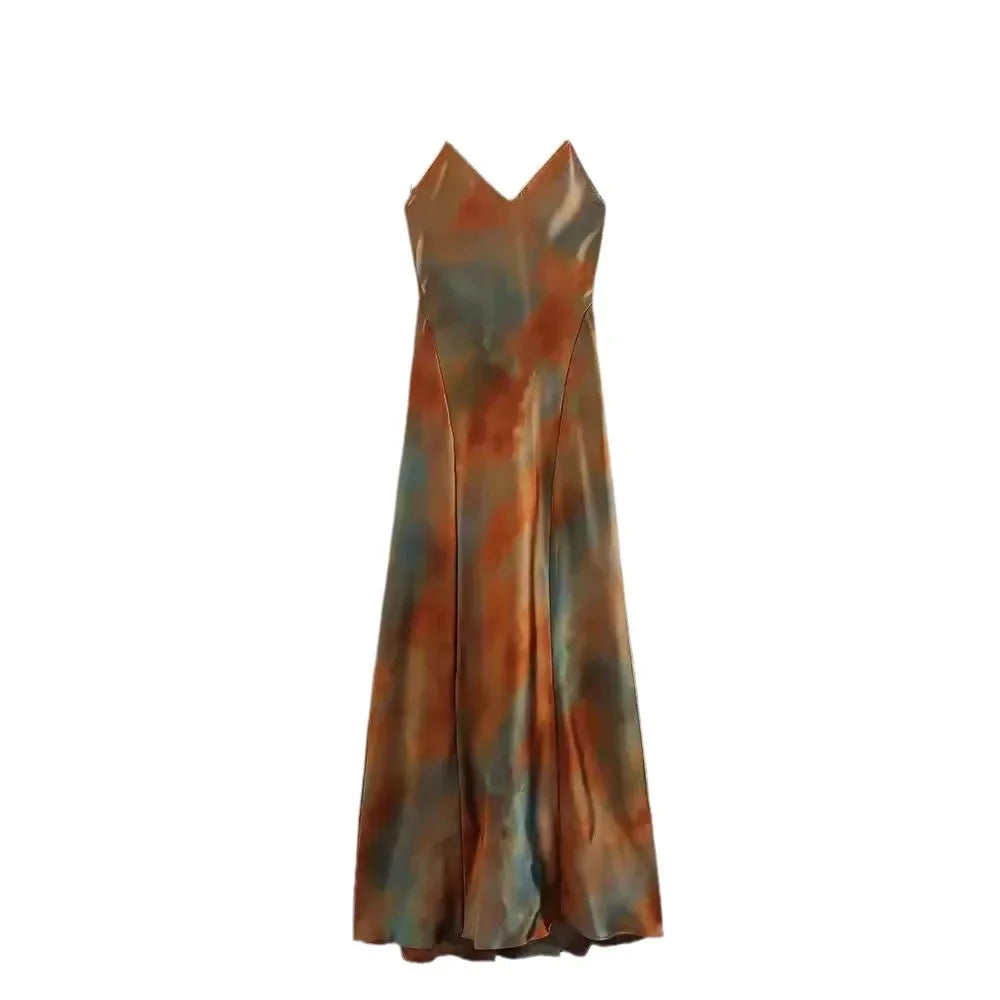 2023 New Women's Elegant Sexy Long Dress V-neck Open-back Rainbow Printing Tank Dress Sleeveless Summer Fashion