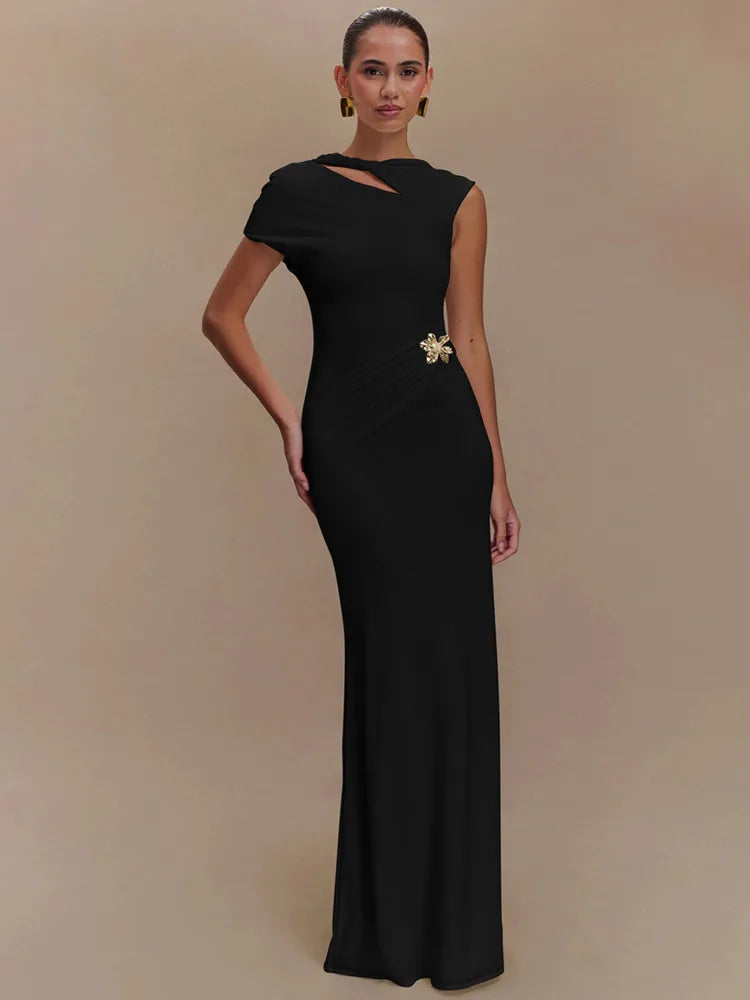 Mozision Hollow Out Backless Sexy Maxi Dress For Women Fashion Metal Buckle Solid Short Sleeve High Waist Slim Fit Long Dress