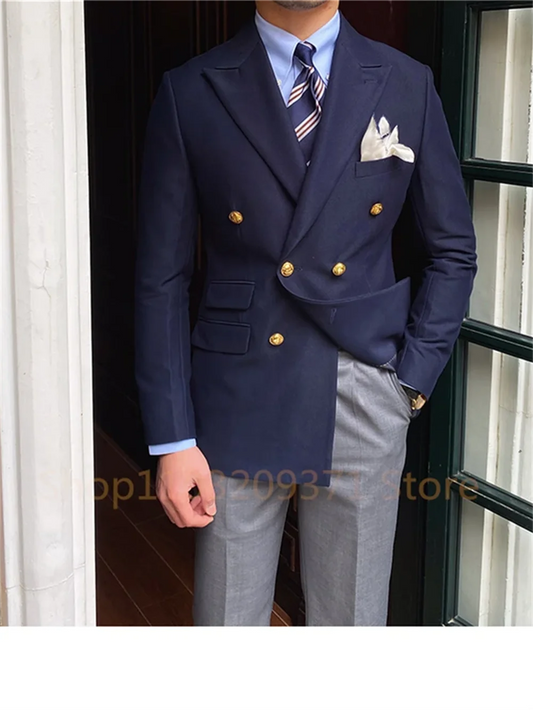 1 Pieces Men Double-breasted Slim Fit Blazer Color Long Sleeve Lapel Business Suit Coat Outwear Brand Mens Casual Tuxedo