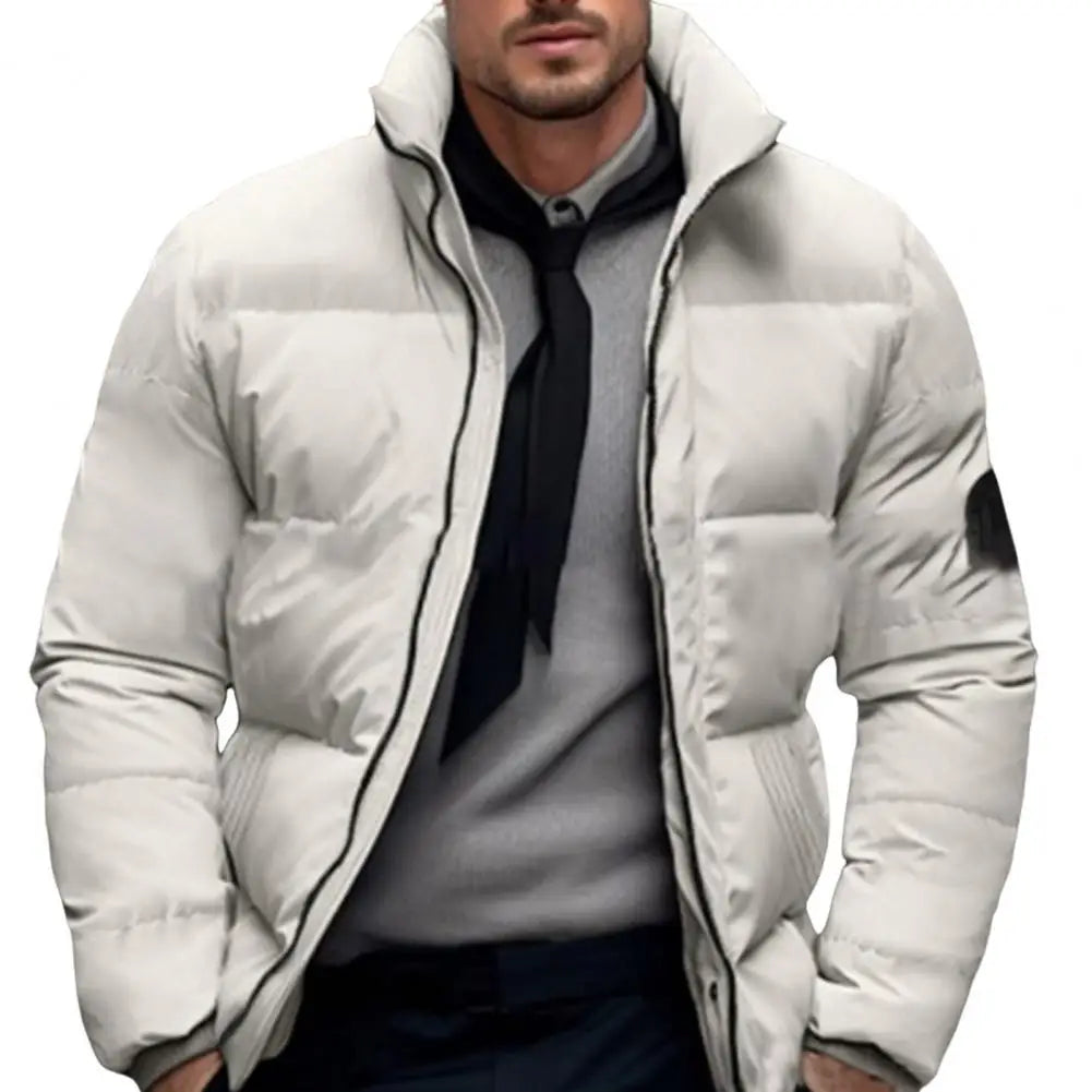 Men Quilted Jacket Solid Color Stand Collar Long Sleeve Zipper Closure Cotton Coat Thickened Jacket Down Cotton Puffer Outwear