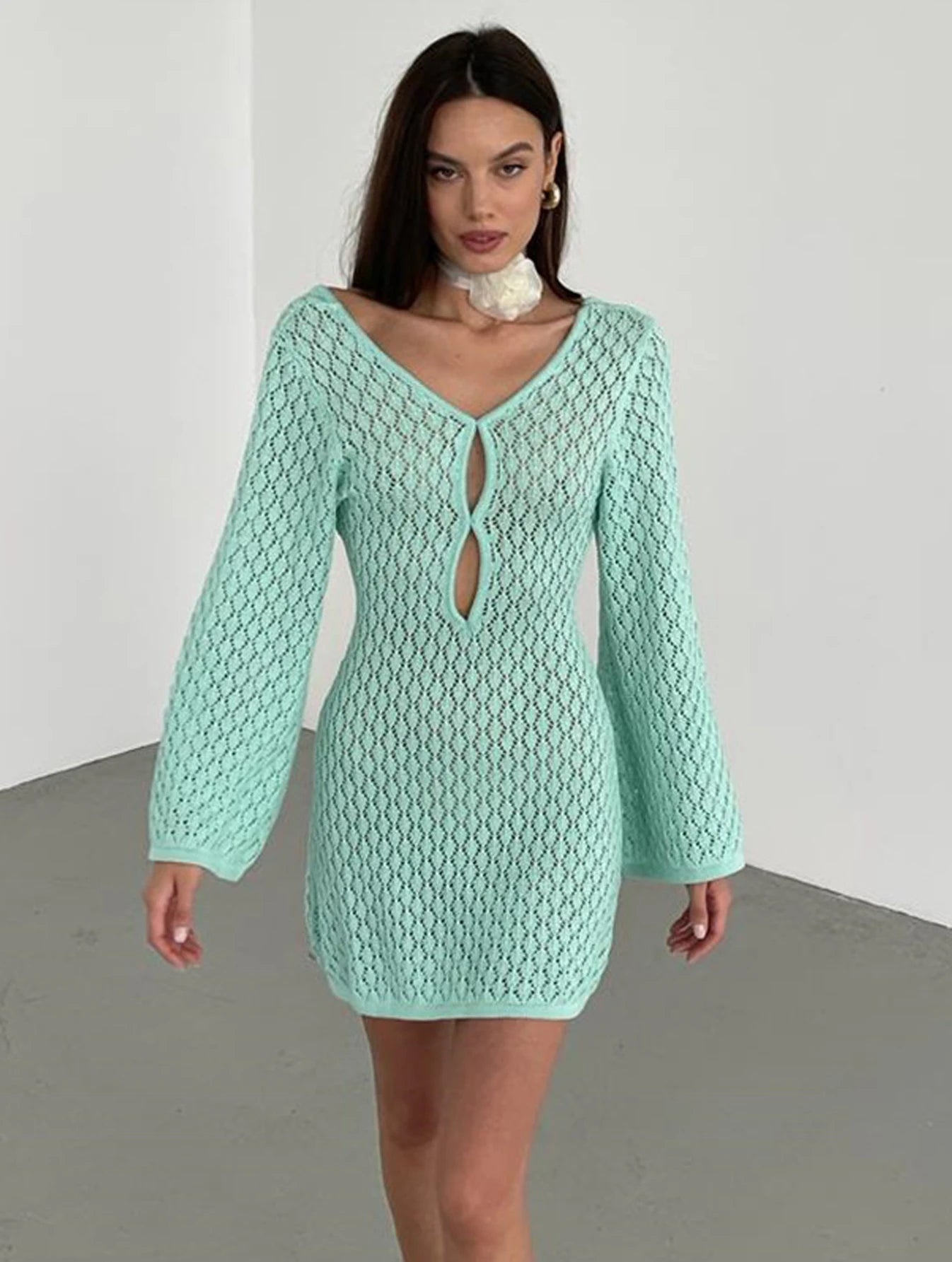 Sexy Cover Up Long Sleeve Long Dress Women Backless Beach Wear Bathing Suit Knitting Swimwear knitted Beach Dress Tunic Robe