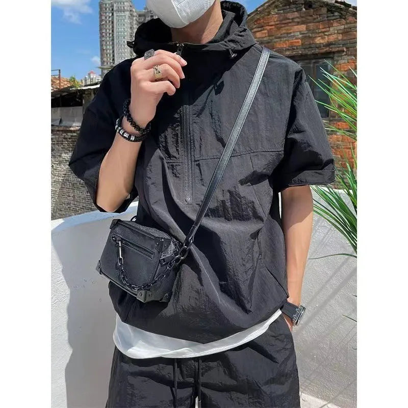 Summer Cargo Style Set Men's Casual Hooded Solid Short Sleeve T-shirt Shorts Loose Fashion High Quality Handsome Sweatshirt Suit