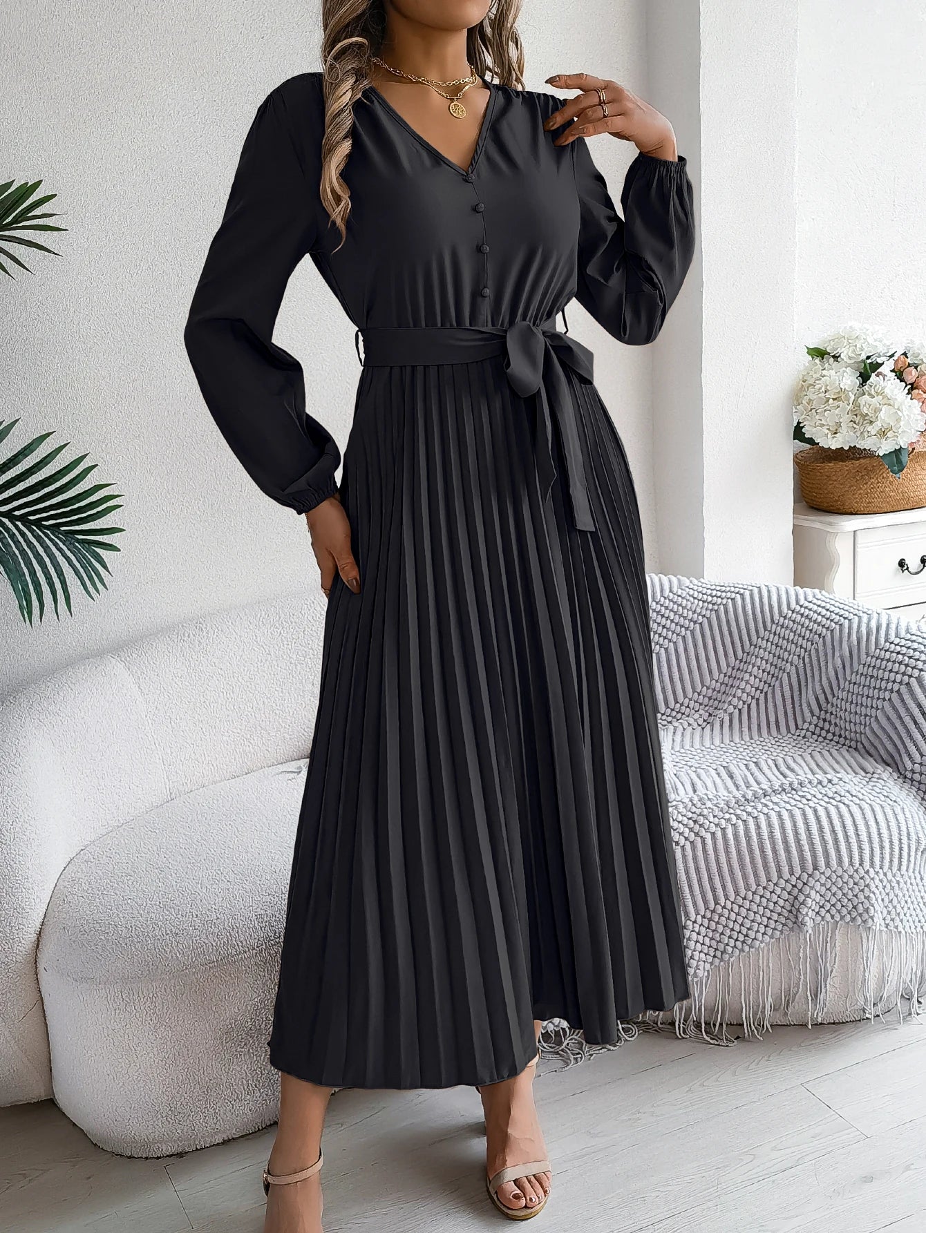Autumn Winter Elegant V-Neck Button Belt Long Sleeved Solid Color Pleated Long Dress For Women Dresses
