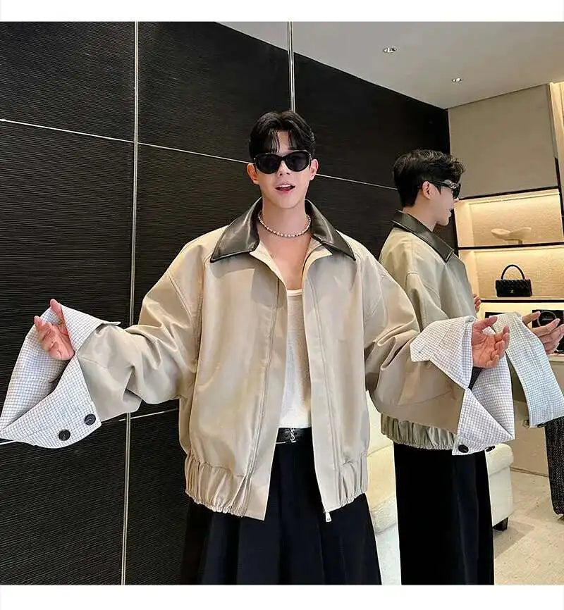 LUZHEN 2025 Spring Design Leather Collar Trendy Jacket Personalized Handsome Trendy Classy Versatile Color Contrast Tops LZ8146