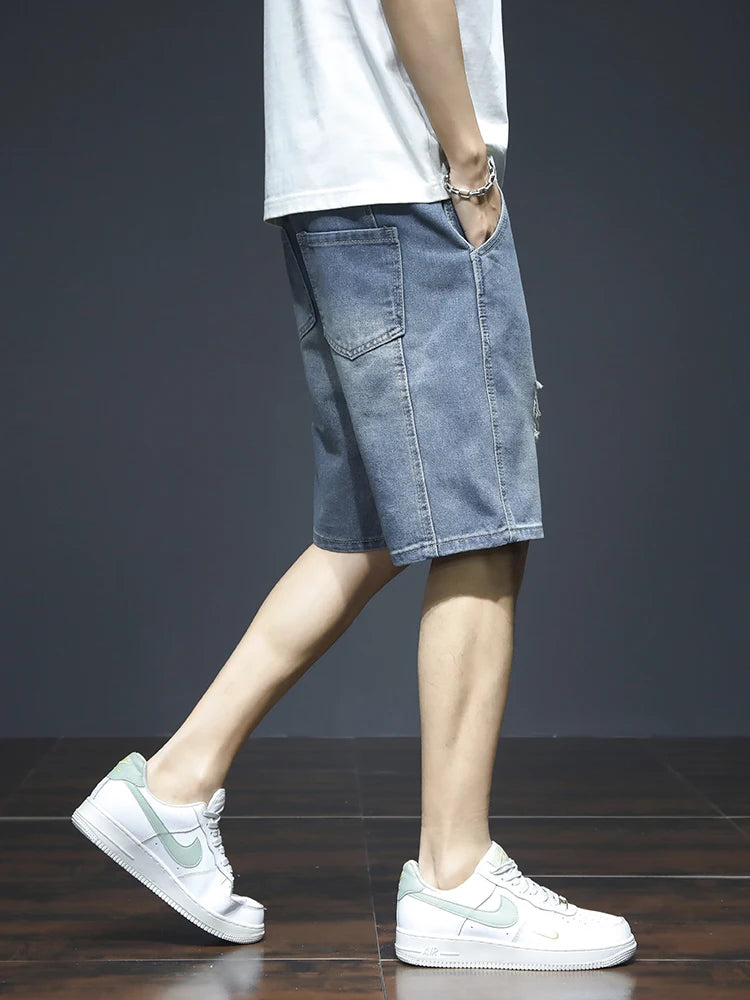 Summer Men's Blue Denim Shorts Y2k Cotton Loose Straight Ripped Fashion Shorts Men Korean Trendy Casual Streetwear Short Jeans
