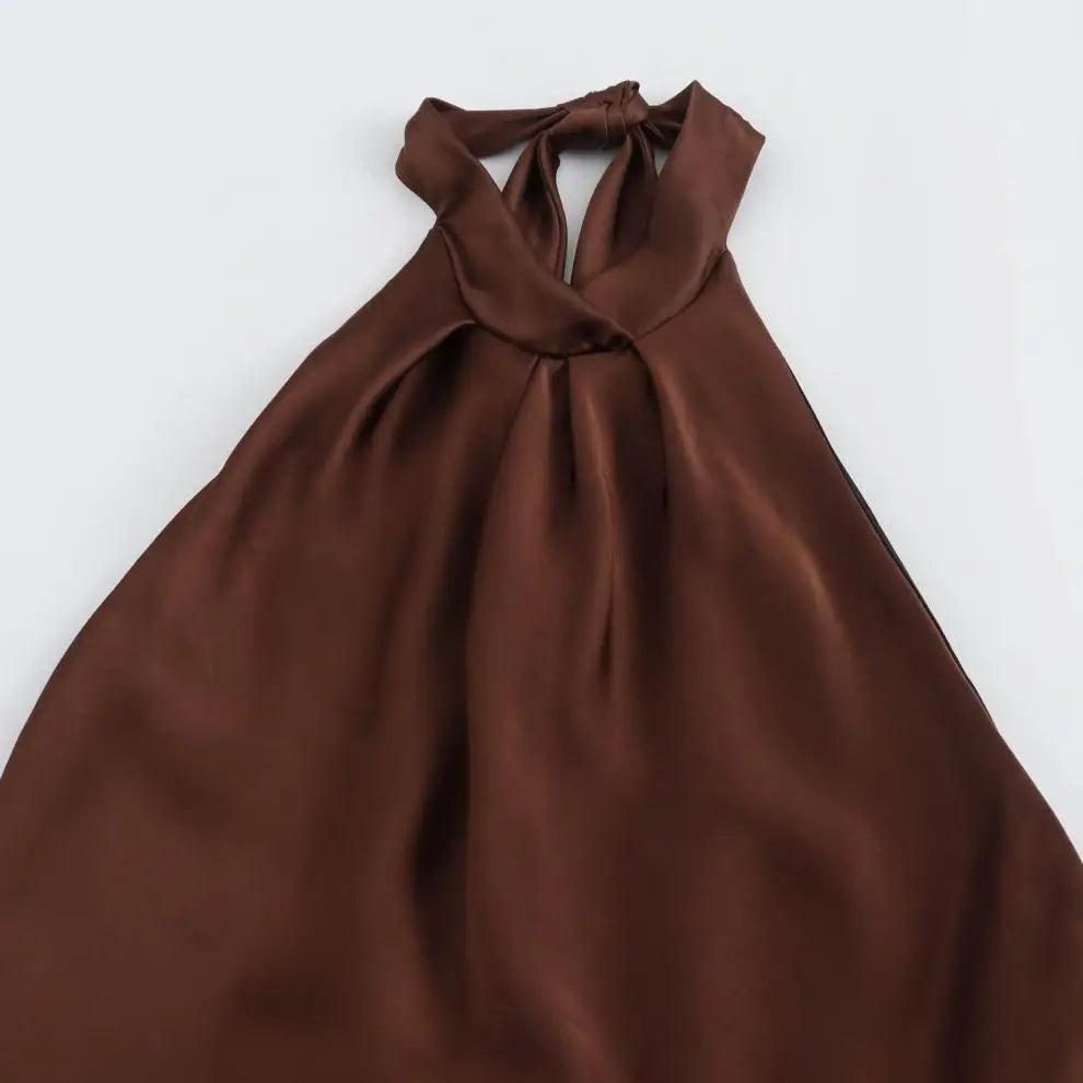 Halter Satin Long Dress Women Tied Backless Brown Midi Dress Summer Off Shoulder Party Dresses Pleated Evening Dress