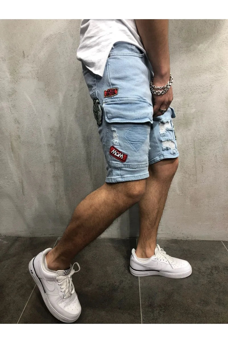 2025 Men's Summer Short Jeans High Stretch Fashion Casual Denim Shorts Male Slim Fit Elastic Badge Pockets Hole Shorts for Men
