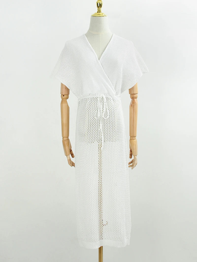 2024 White Crochet Tunic Bikini Cover-ups Sexy Hollow Out Long Dress V neck Women Summer Clothes Beach Wear Knitted Cover Up