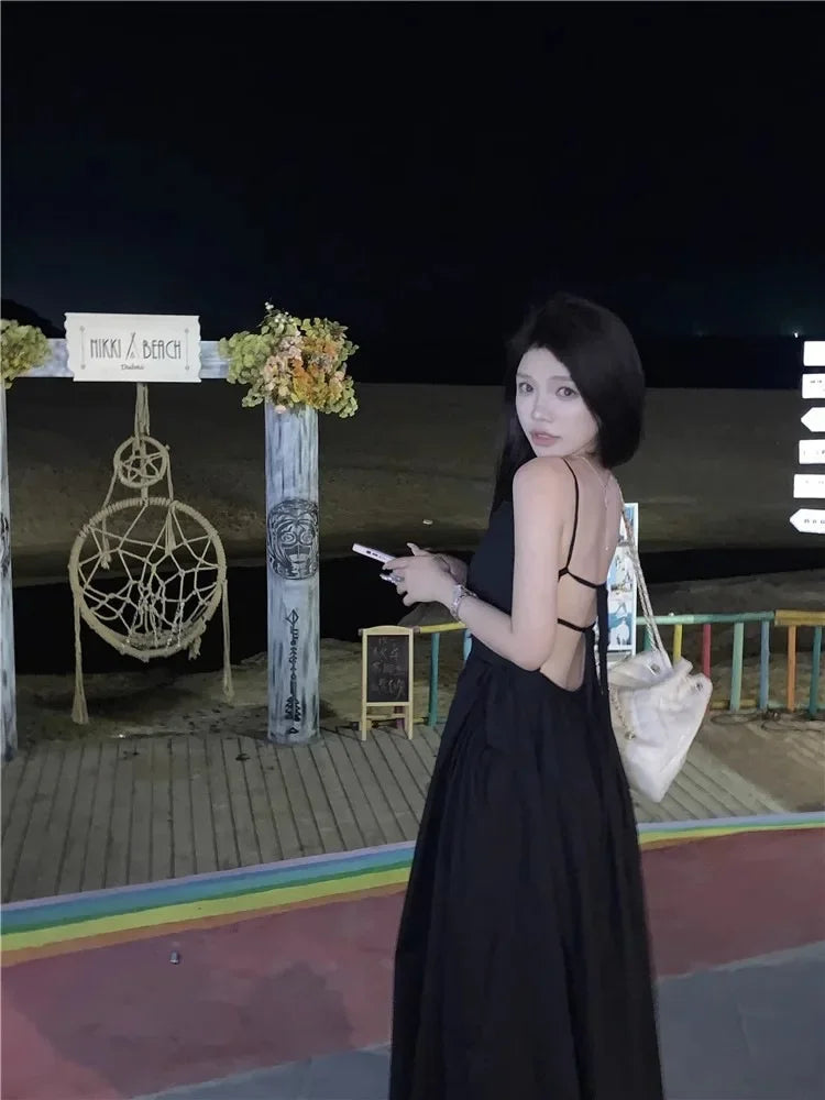 French Style Sexy Open-Back Blue Tank Dress Women's Summer Vacation Beach A- Line Long Dress Beach Vacation Dress