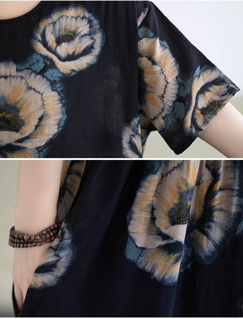 Oversized Summer Bohemian Style Long Dress Women Ruffle Pleated Fashion Flower Print Ladies Dresses Loose Casual Woman Dress