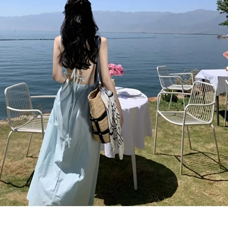 French Style Sexy Open-Back Blue Tank Dress Women's Summer Vacation Beach A- Line Long Dress Beach Vacation Dress