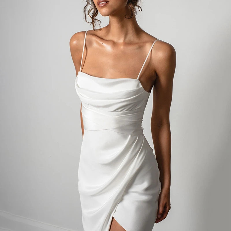 Women Elegant Maxi Dress Spaghetti Straps Backless Pleated Split Dress Summer Long Dress for Cocktail Wedding Party Vestidos