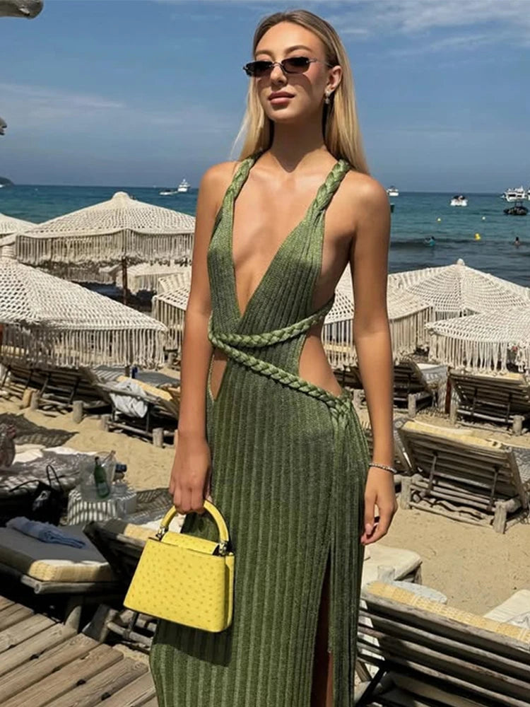 Knitted Halter Over Long Dresses Camisole V-Neck Hollow Out Strap Waist Cinching Slimming Split Beach Long Dresses Crochet Robes