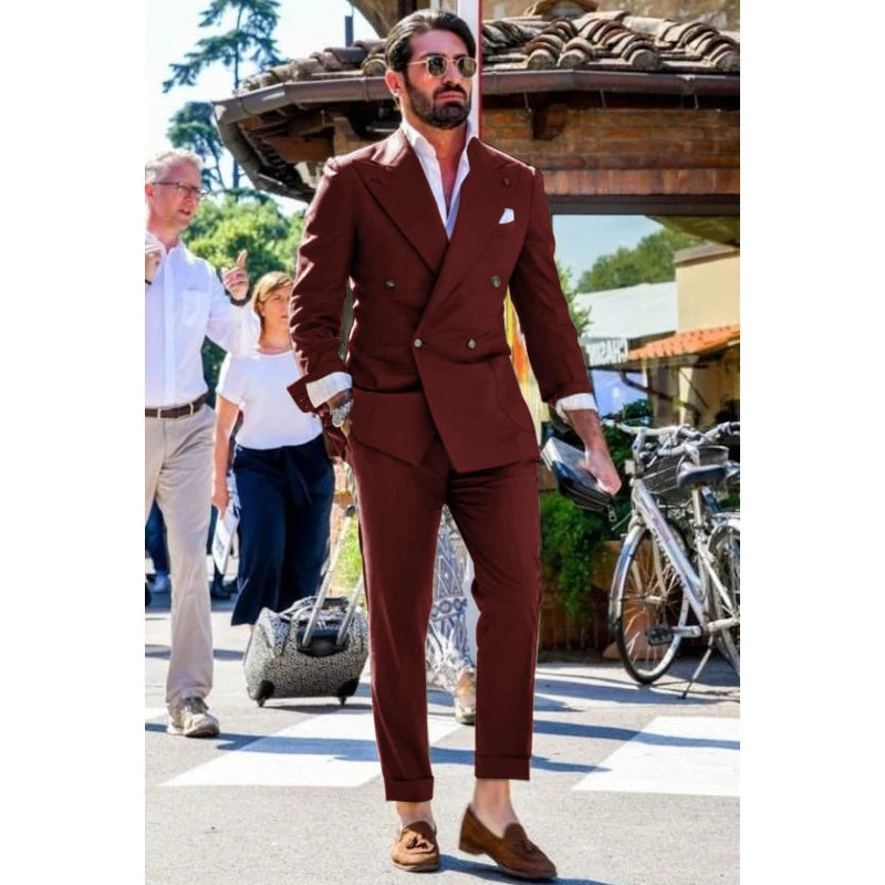 Men's Suit Two-piece Solid Color Double Breasted Fashion Spike Lapel Slim Fit Cropped Pants Casual Business Party Suits 2023
