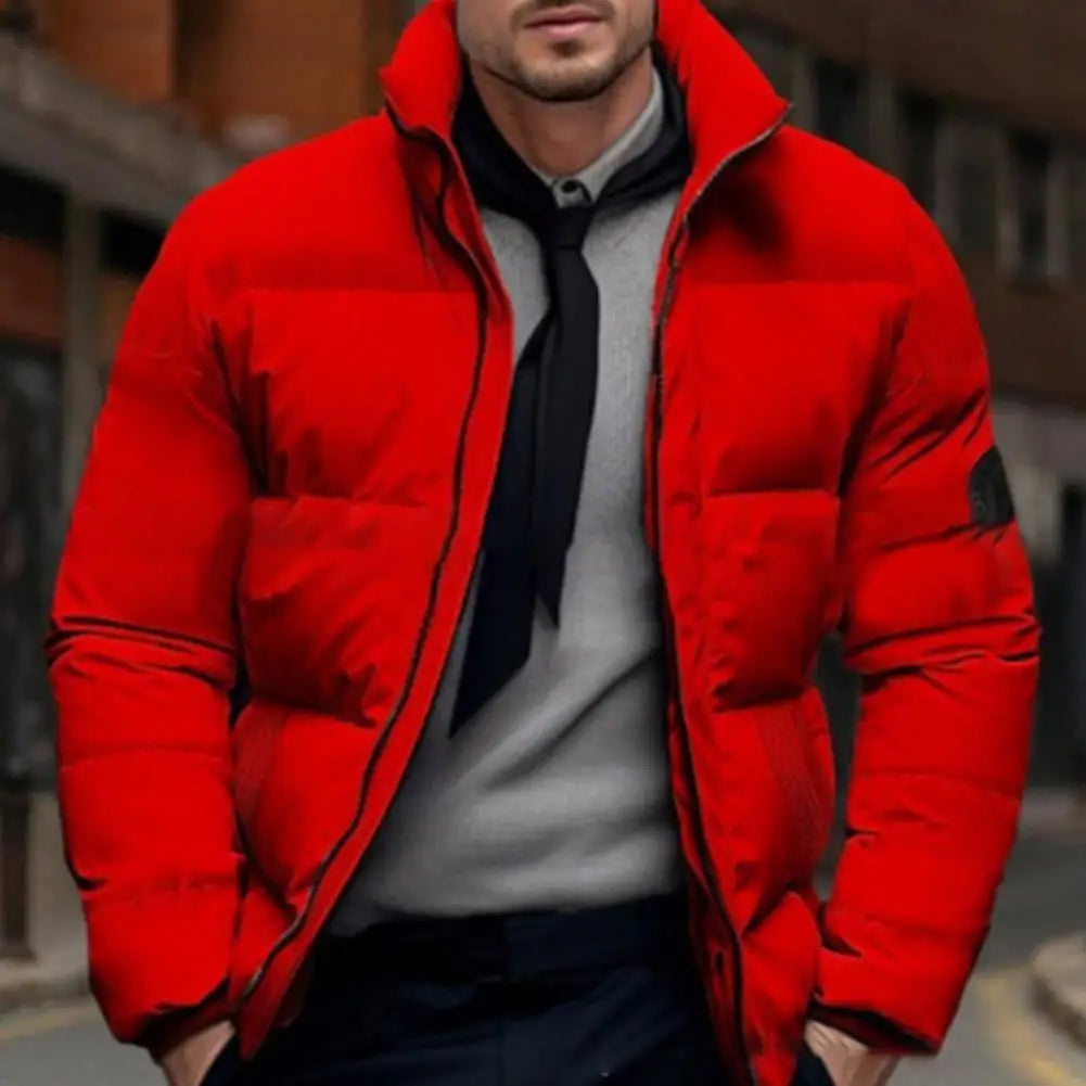Men Quilted Jacket Solid Color Stand Collar Long Sleeve Zipper Closure Cotton Coat Thickened Jacket Down Cotton Puffer Outwear