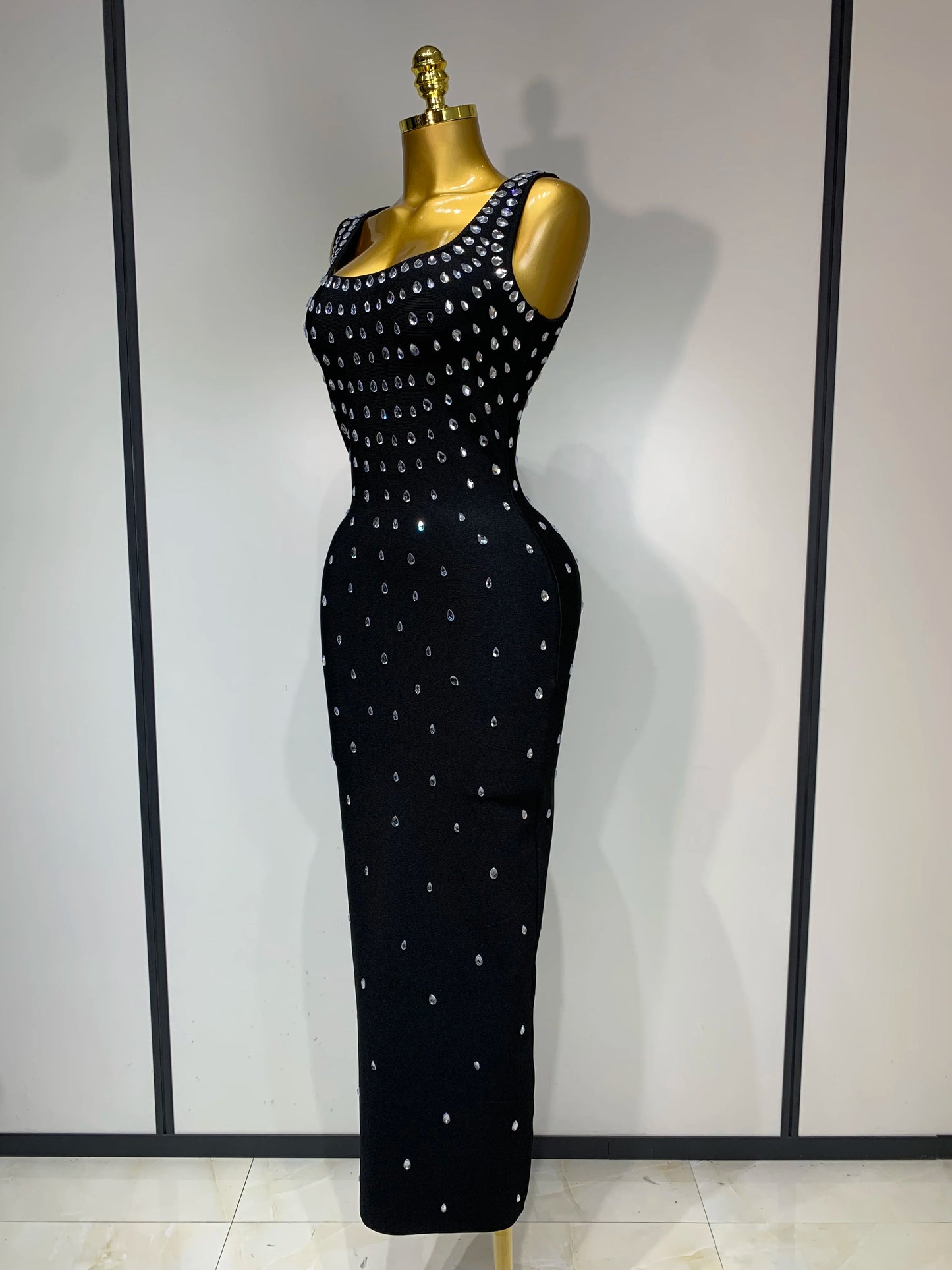 Women Sparkly Rhinestone Bandage Long Dress Elastic Sleeveless Bodycon High Street Evening Club Party Elegant Birthday Gowns