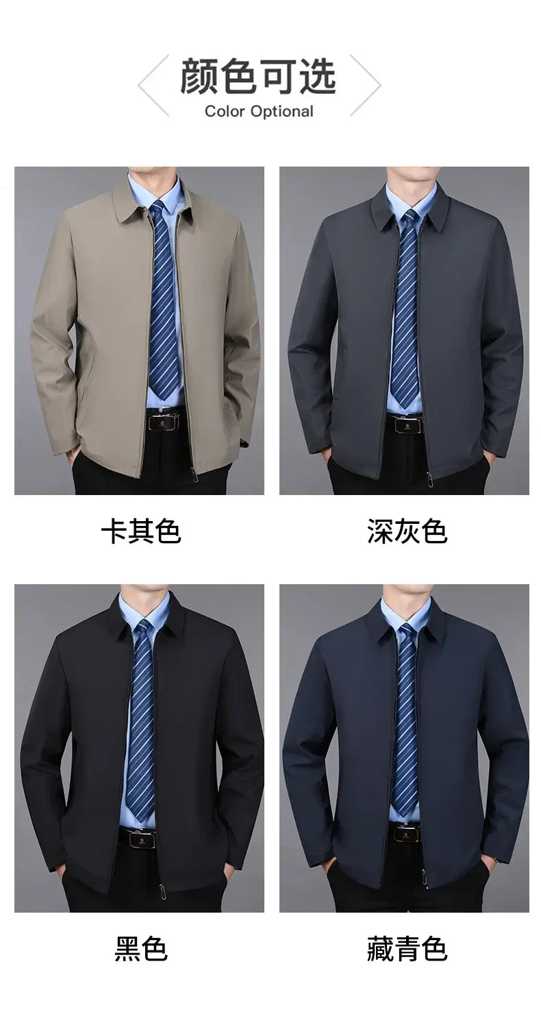 Men Business Jacket Parkas Mid-aged Men's Lapel Jacket with Zipper Pockets for Formal Business or Casual Wear in Autumn Winter