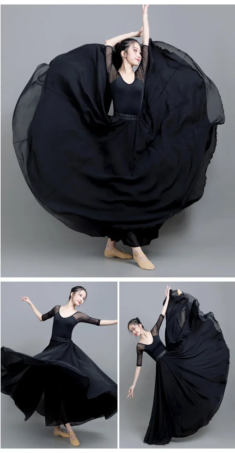 720 Degree Wide Dancing Skirt Chiffon Double Layer Semi-Long Dress Women's Solid Color Xinjiang Dance Skirt