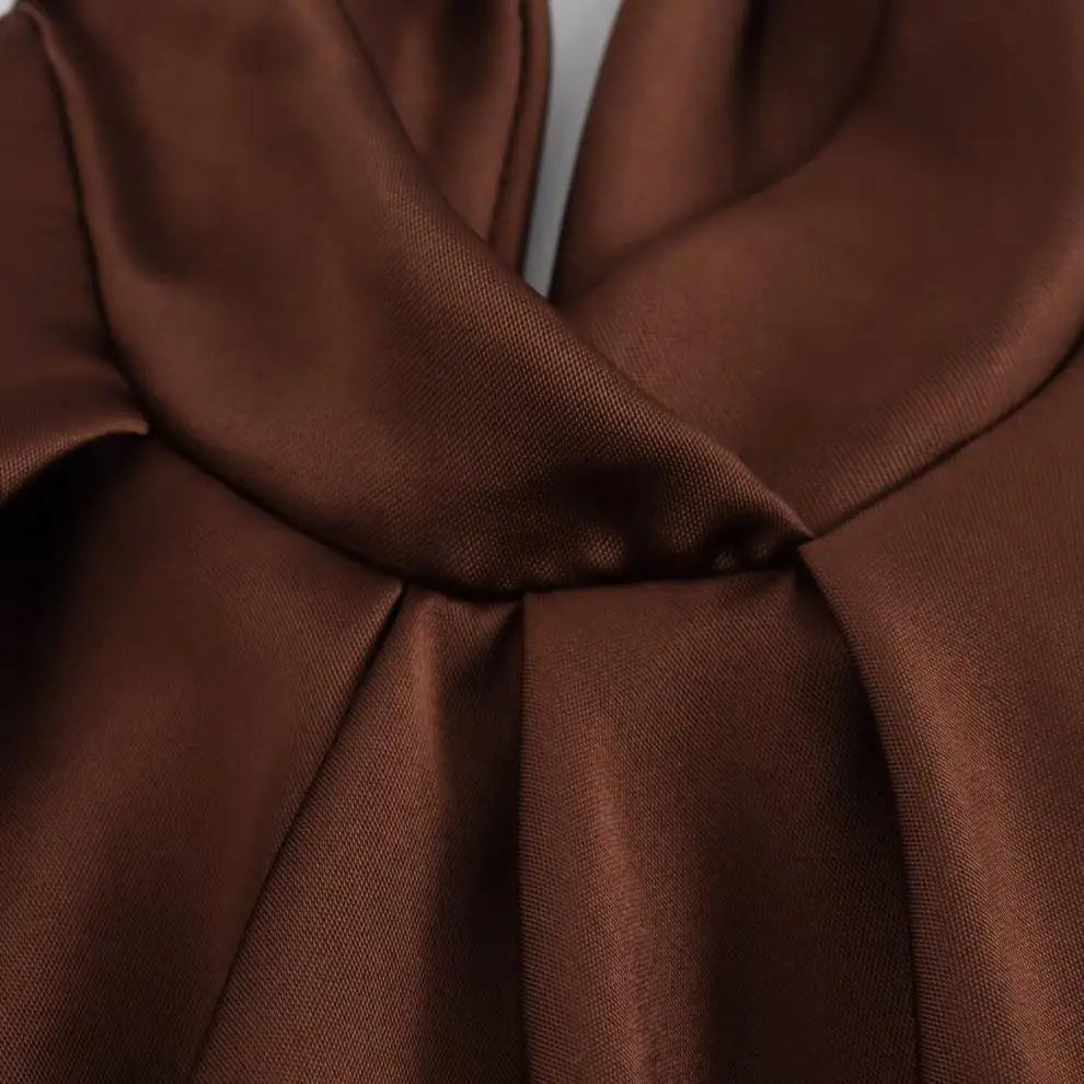 Halter Satin Long Dress Women Tied Backless Brown Midi Dress Summer Off Shoulder Party Dresses Pleated Evening Dress