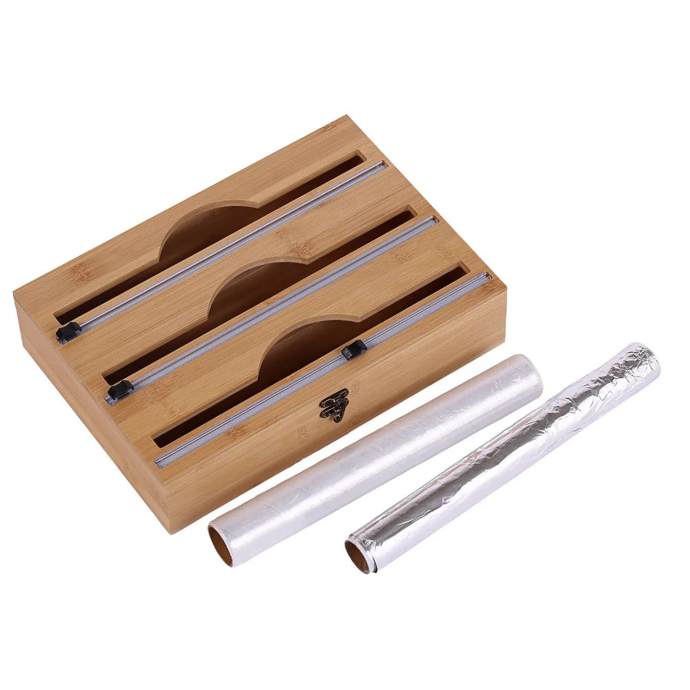 New 3 In 1 Bamboo Wrap Dispenser Storage For Aluminum Foil With Cutter Cling Film Holder Kitchen Accessories Organizer