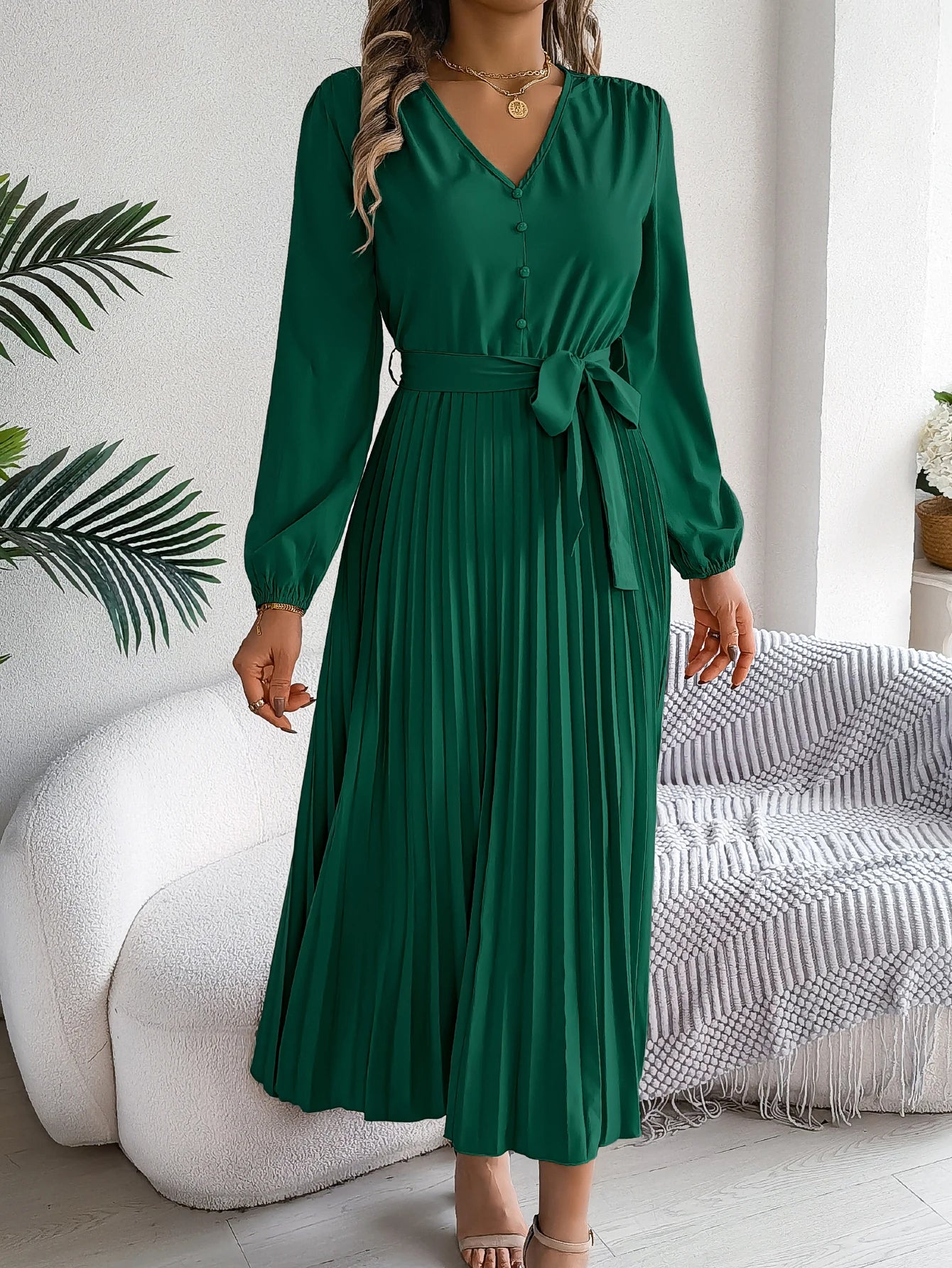 Autumn Winter Elegant V-Neck Button Belt Long Sleeved Solid Color Pleated Long Dress For Women Dresses