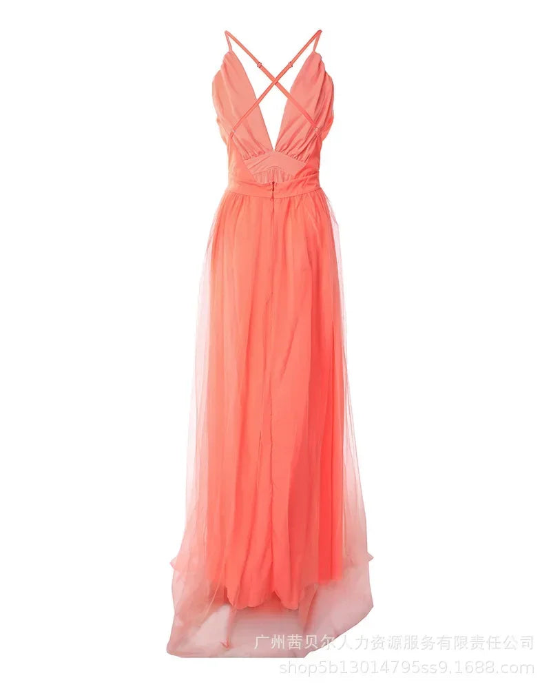 Women's Evening Party High Waist Floor Length Sexy Dress Orange Sleeveless Backless Gauze Long Dress