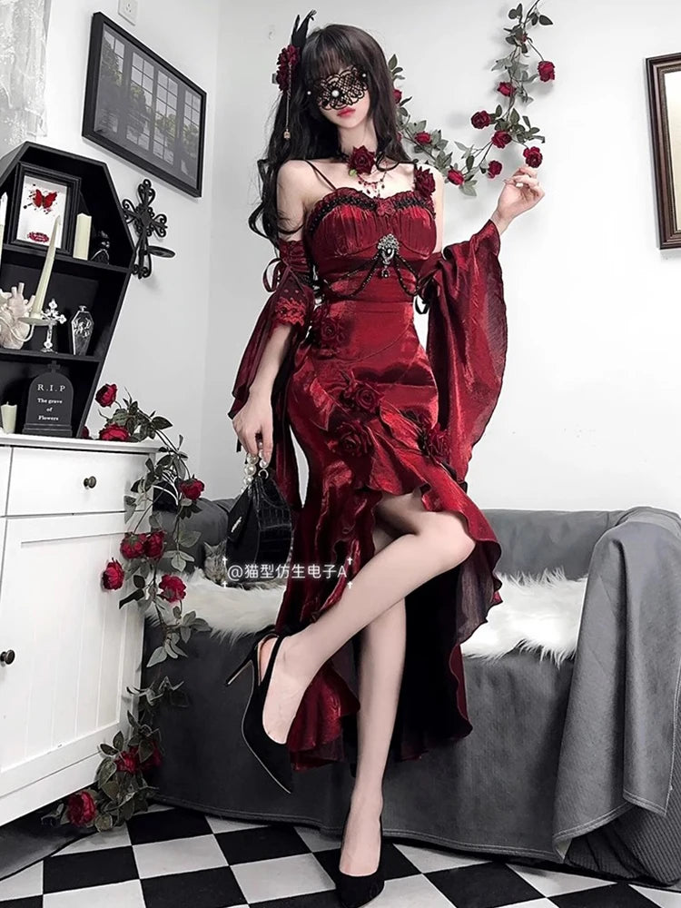 Red Lolita Fishtail Dress Womens High Waist Slim Fit Elegant 3D Rose Irregular Long Dress Lady Gothic Dress Spring and Summer