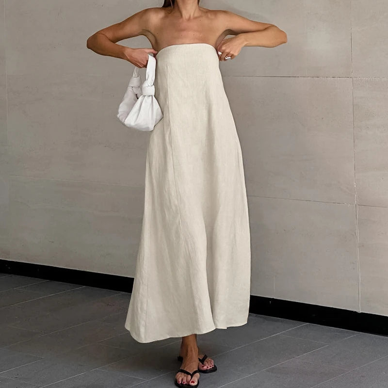 2025 Women Summer Sleeveless Sexy Long Dress 45% Cotton And 55% Linen Loose Style Strapless Maxi Dress Vestidos Clothes