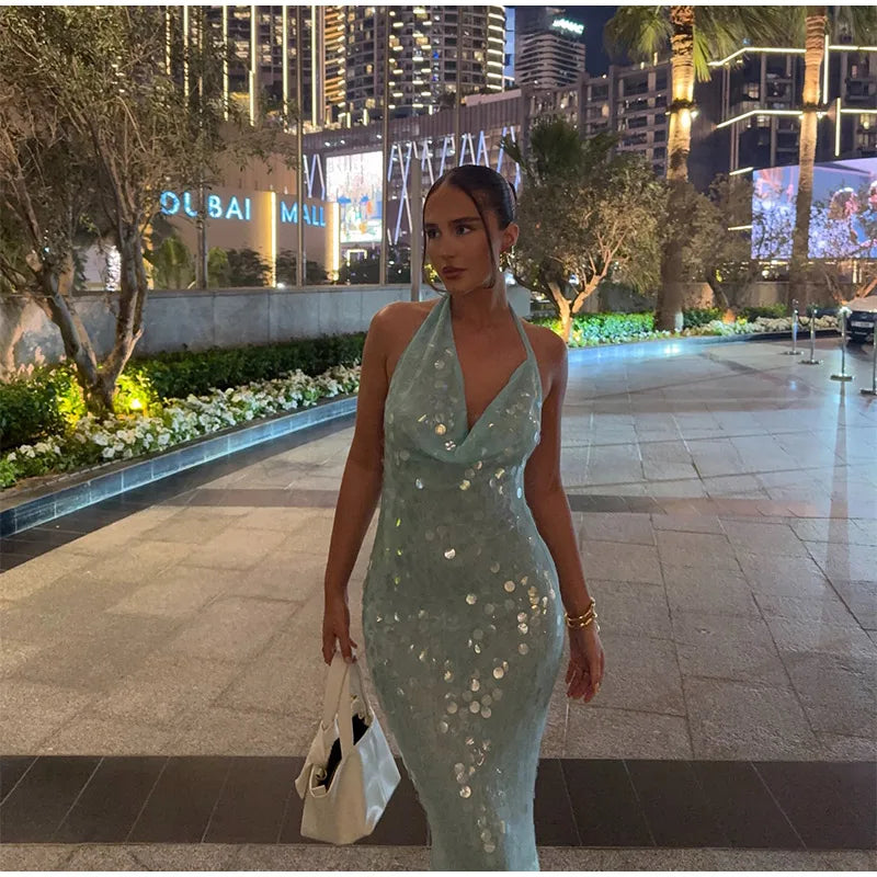 Elegant Sequin Halter Long Dress Women Sexy Bule Backless Sleeveless Slim Asymmetrical Beach Dresses Lady Chic Party Holiday