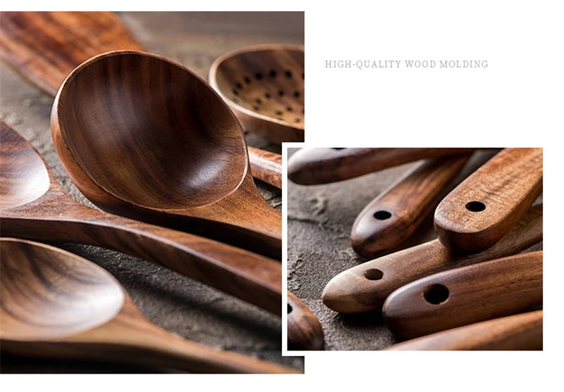1~9PCS Thailand Teak Natural Wood Tableware Spoon Ladle Turner Long Rice Colander Soup Skimmer Cooking Spoons Scoop Kitchen Tool