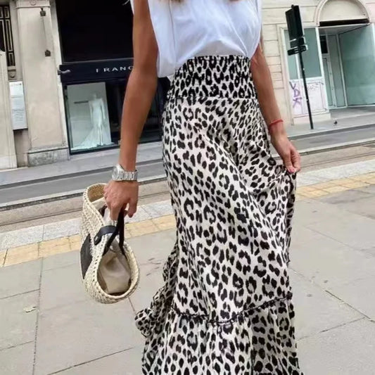Loose High Waisted Women Skirt Elegant Leopard Print Long Dress Fashion Ruffles Clothing