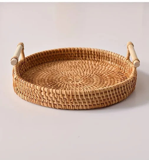 Rattan Tray Round Storage Basket Tray with Handles Natural Hand Woven Baskets Bread Fruit Food Plate Tray Home Kitchen Supplies