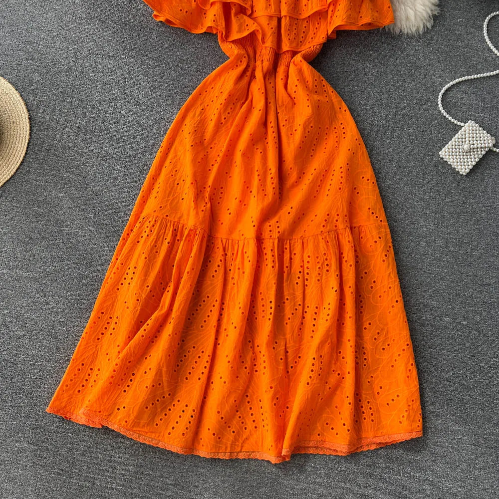 SINGREINY High Street Cotton Embroidery Long Dress Women Hollow Out Backless Beach Sundress Fashion Off the Shoulder Sexy Dress