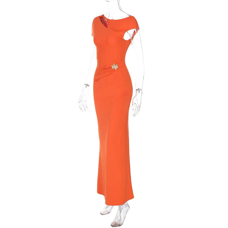 Mozision Hollow Out Backless Sexy Maxi Dress For Women Fashion Metal Buckle Solid Short Sleeve High Waist Slim Fit Long Dress