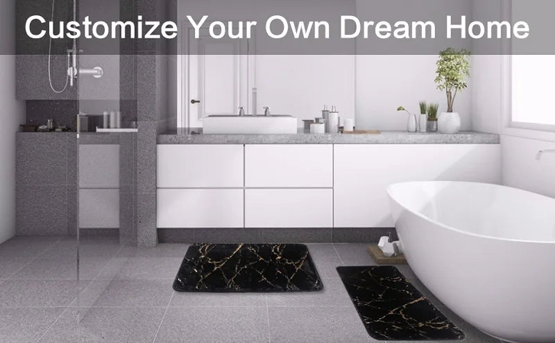 Inyahome Bath Mats for Bathroom Luxury White and Gold Non Slip and Soft Bathroom Rug Absorbent Bath Rug Decor for Kitchen Indoor